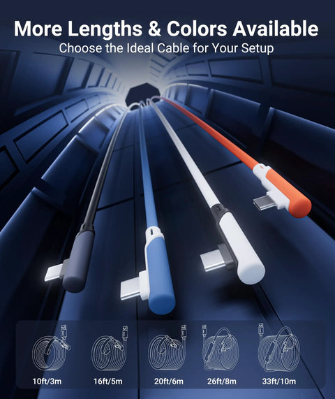 Long USB 3.0 Link Cable for Meta Quest 3 3S 2 and Pico 4 16 Feet Connect Your Headset to PC for SteamVR and PC VR Fast Wired Performance Not for Charging, shown with multiple lengths and colors
