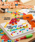 Child using Electric Toy Drill With 193 Plus Pieces For Creative Build Projects For Kids Ages Three To Eight Includes Screws Nuts And Rainbow Fasteners Plus 34 Plus Build Ideas To Boost STEM Skills And Hand Eye Coordination on pegboard with colorful pieces.