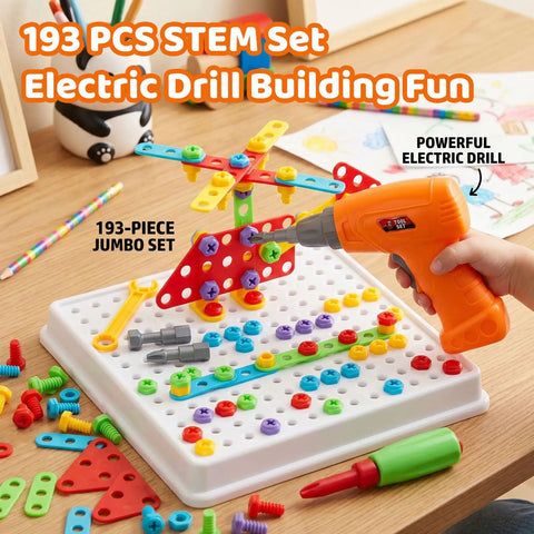 Child using Electric Toy Drill With 193 Plus Pieces For Creative Build Projects For Kids Ages Three To Eight Includes Screws Nuts And Rainbow Fasteners Plus 34 Plus Build Ideas To Boost STEM Skills And Hand Eye Coordination on pegboard with colorful pieces.