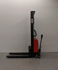Heavy Duty Thin Leg Semi Electric Pallet Stacker 2204 Lbs Capacity 138 Inch Lift Height 110V Plug side view with forks down