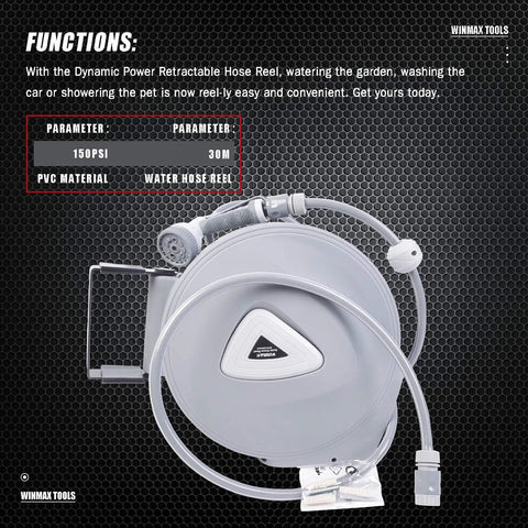 Retractable Garden Hose Reel With Wall Mount Auto Rewind System, showing the gray hose reel with PVC material