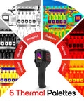 Handheld Thermal Imaging Camera With 240x240 High Resolution IR Sensor showcasing six thermal palettes, including rainbow and iron red.