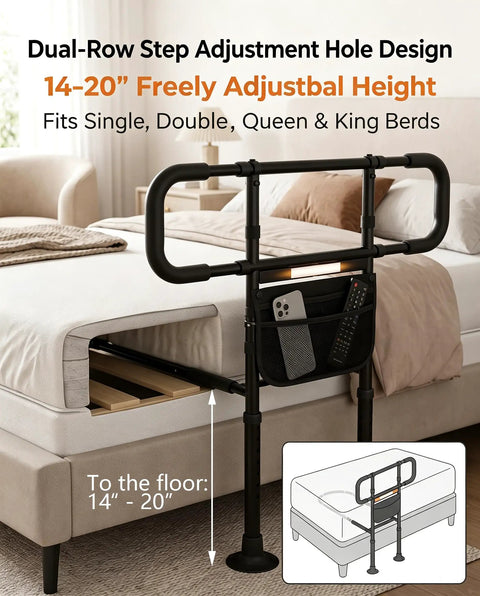 Motion Sensor Night Light Bed Rail For Seniors with adjustable 14-20 inch height on a Queen bed showing dual-row adjustment.
