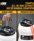10.5 Liter Oil Extractor Pump For Engine Fluids Dual Manual And Pneumatic Power, showing both manual and pneumatic modes.
