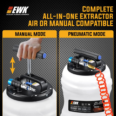 10.5 Liter Oil Extractor Pump For Engine Fluids Dual Manual And Pneumatic Power, showing both manual and pneumatic modes.