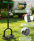Pro Grade Adjustable Lawn Aerator Tool With Rebound Spring And 16 Sharp Metal Spikes For Loosening Compacted Soil And Thatch Ergonomic T Handle With Wide Foot Plate Heavy Duty Yard Lawn Care Tool From 35 To 40 Inches in a garden setting showing silicone handles, 16 spikes, and thick steel tubes.