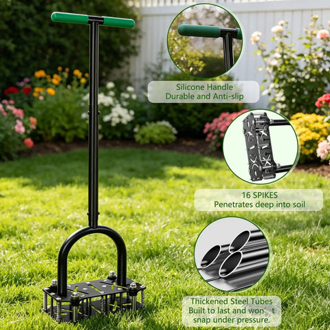 Pro Grade Adjustable Lawn Aerator Tool With Rebound Spring And 16 Sharp Metal Spikes For Loosening Compacted Soil And Thatch Ergonomic T Handle With Wide Foot Plate Heavy Duty Yard Lawn Care Tool From 35 To 40 Inches in a garden setting showing silicone handles, 16 spikes, and thick steel tubes.