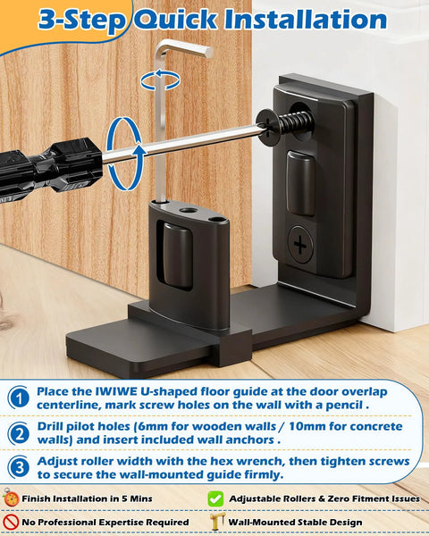 Sliding Barn Door Floor Guide With Wall Mount For Space Saving Performance Adjustable U Shape Flush Design Quiet Nylon Rollers installation