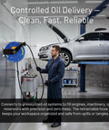 Mechanic using Retractable Oil Hose Reel One Half Inch By Fifty Feet Premium Steel Construction in garage setting