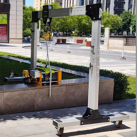 Space Saving Portable Gantry Crane With Fully Adjustable Height And Width Heavy Duty Shop Hoist For Cramped Garages And Workshops Smooth Overhead Lifting For Low Ceilings No Sweat Rig Up in outdoor setting with heavy-duty caster wheels.