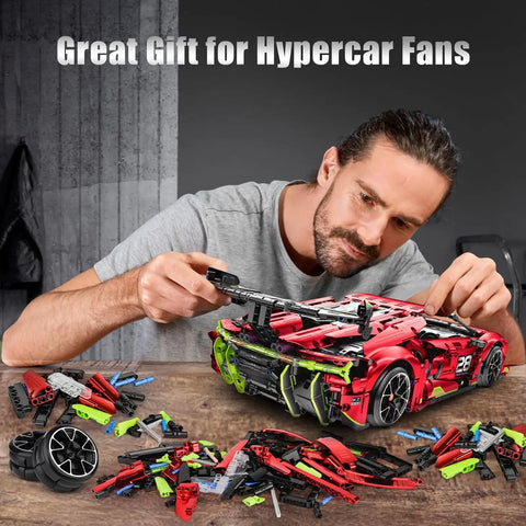 Man assembling Remote Control Hypercar Building Kit With Five Fast Motors, 1835-Piece Set, visible parts and instructions.