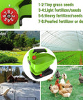 Rechargeable Lawn Seed Spreader 7.2V With 2000mAh Battery And USB Charging Cable with 8-level flow settings shown