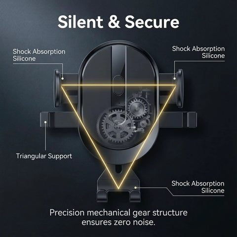 Silent Shock Absorption Silicone mechanism of Straight Shooter Air Vent Phone Mount For Car Using Silent Mechanical Latch Reinforced Triangle Frame.
