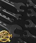 Ultra Slim Open End Wrench Set 10 Piece Metric With Rolling Pouch Includes 5.5 7 8 9 10 11 12 13 14 15 16 17 18 19 20 21 22 23 24 27 Millimeter Nickel Coated CRV Steel For Tight Spaces displayed on black surface