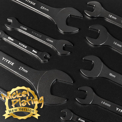 Ultra Slim Open End Wrench Set 10 Piece Metric With Rolling Pouch Includes 5.5 7 8 9 10 11 12 13 14 15 16 17 18 19 20 21 22 23 24 27 Millimeter Nickel Coated CRV Steel For Tight Spaces displayed on black surface