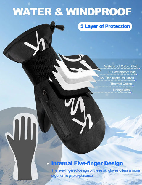 Waterproof Ski Mittens For Men And Women With Pocket And Wrist Guard Touchscreen Compatible Snow Gloves