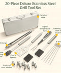 20-piece deluxe stainless steel grill tool set in aluminum carrying case; includes tongs, spatula, fork, brushes.