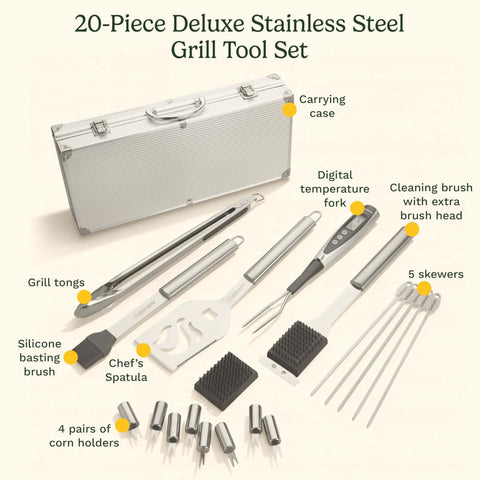 20-piece deluxe stainless steel grill tool set in aluminum carrying case; includes tongs, spatula, fork, brushes.