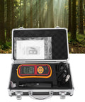 Real Deal Digital Vibration Meter With Dead Accurate Piezoelectric Sensor in protective case, showcasing LCD panel and accessories.