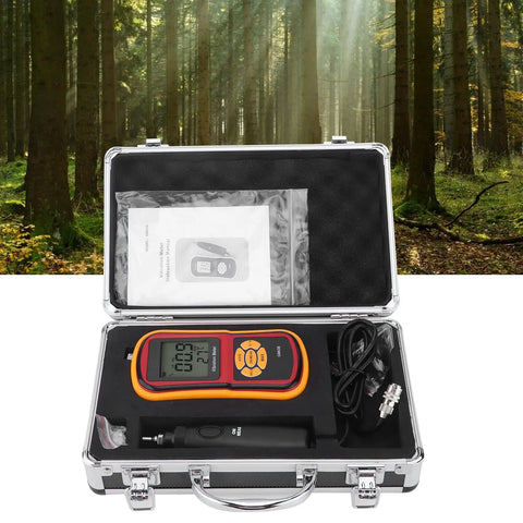 Real Deal Digital Vibration Meter With Dead Accurate Piezoelectric Sensor in protective case, showcasing LCD panel and accessories.