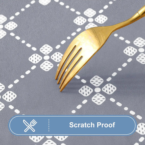 Rectangular Vinyl Table Cloth With Elastic Fitted Edges And Flannel Backing, Waterproof And Stain Resistant Cover That Stays Put On 6 Foot Folding Tables For Picnics Camping Indoor Or Outdoor Use Gray 30 By 72 Inches, shown with a fork indicating scratch proof surface.