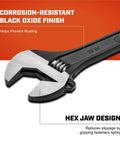 Close-up of Heavy Duty Adjustable Black Oxide Wrench With Tapered Handle And Hex Jaw Design For No Slip Grips, 15 Inch Hand Tool