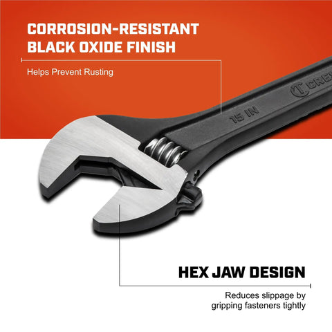 Close-up of Heavy Duty Adjustable Black Oxide Wrench With Tapered Handle And Hex Jaw Design For No Slip Grips, 15 Inch Hand Tool