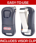 One Button Garage Door Remote 2 Pack Intellicode Compatible No Brainer Easy Setup Auto Seek Dual Frequency 315 390 MHz For Safe And Secure Access Works With Intellicode Openers Model G1T Black, front and back view with visor clip.