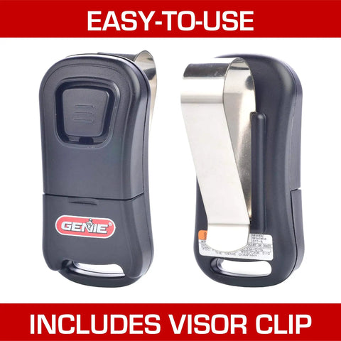 One Button Garage Door Remote 2 Pack Intellicode Compatible No Brainer Easy Setup Auto Seek Dual Frequency 315 390 MHz For Safe And Secure Access Works With Intellicode Openers Model G1T Black, front and back view with visor clip.