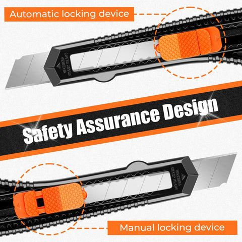 24 Pack Box Cutters With 18mm Snap Off Pro Grade Blades, showing automatic and manual locking devices for safety