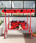 Two Seat Porch Swing With Adjustable Canopy And Stand, Kid Friendly Outdoor Swing Bench in red with dog and ladybug pillows