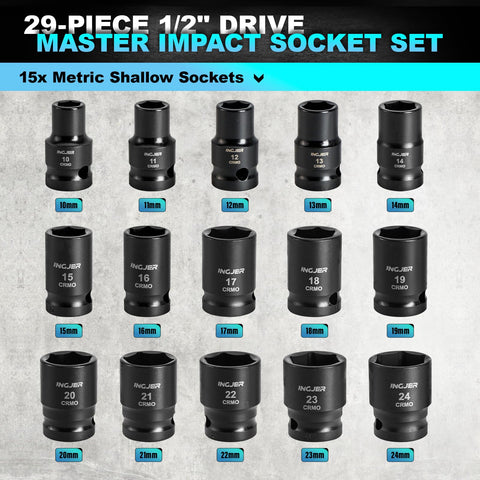 Half Inch Drive 29 Piece Shallow Socket Set With CR MO Construction For SAE And Metric Sizes Three Eighths Through One Inch And Ten Through Twenty Four Millimeters Includes Extension Bars For Pros And DIYers, 10-24mm sockets