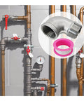 90 Degree Street Elbow 1 Inch NPT Male To Female Stainless Steel 304 Pipe Fittings For Water And Air Lines Built To Last Heavy Duty 290 PSI -100 To 660 F With Pipe Tape 2 Pack and plumbing installation in background
