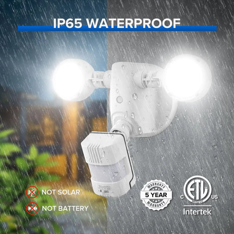 Motion Sensor Outdoor LED Flood Light 25W 320 Degree Wide Angle 3000LM 5000K Cool White Dusk Till Dawn Security Light showing waterproof design in rain