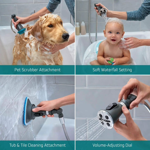 Easy No Tool Shower Arm Upgrade with dual head, wand for pet baths, tub cleanup, quick install, water settings shown.