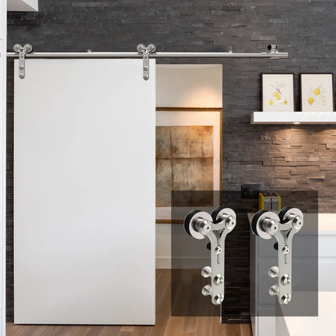 Eight Foot Barn Door Hardware Sliding Track Kit Stainless Steel Heavy Duty For Single Wood Door With Y Shape Hanger Smooth Quiet Rollers Built To Last Anti Rust Supports Up To 220 Lbs