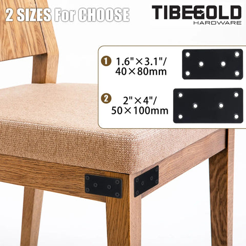 Hella Strong Black Steel Mending Plates For Patching Wood Furniture And Fence Repair This Badass Double Wide Brace Bracket Set Delivers Serious Grip With Screws Included In A Six Pack Bundle That Just Works, shown attached to a chair in two size options.