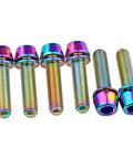 Pack of 6 rainbow titanium bike stem bolts with washers, M5x18mm, corrosion-resistant, lightweight, high-strength for mountain and road bikes.