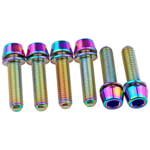 Pack of 6 rainbow titanium bike stem bolts with washers, M5x18mm, corrosion-resistant, lightweight, high-strength for mountain and road bikes.