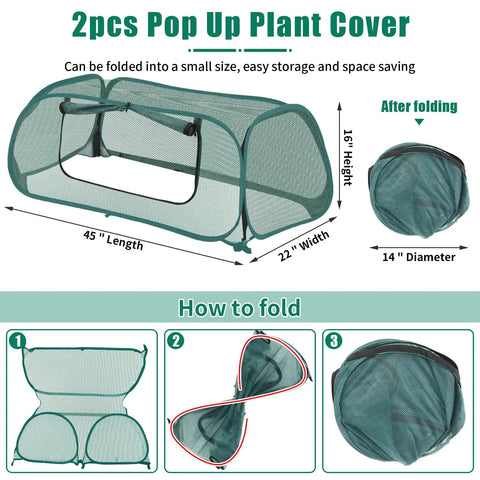 Two Pack Raised Bed Garden Covers Pop Up Mesh Plant Covers For Outdoors 30 Percent Sunblock Shade Tent Crop Cage For Seedlings And Vegetables Against Birds And Animals Includes Eight Stakes 45 By 22 By 16 Inches with folding instructions