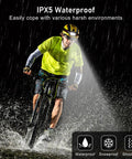 Cyclist using Two Pack Rechargeable LED Headlamps With 2000 Lumens, Super Bright Wide Beam in rainy conditions