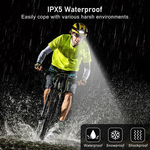 Cyclist using Two Pack Rechargeable LED Headlamps With 2000 Lumens, Super Bright Wide Beam in rainy conditions