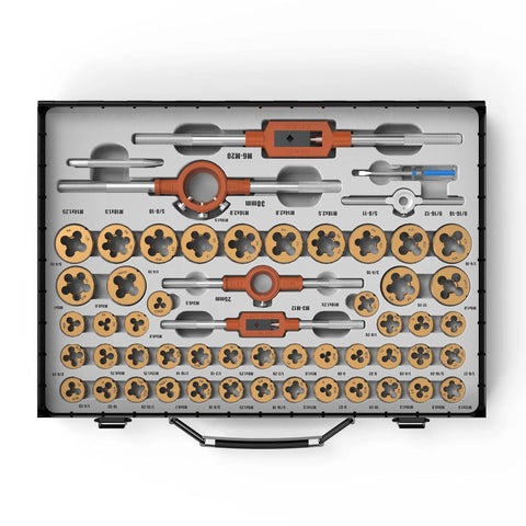 SAE And Metric Coated Bearing Steel Tap And Die Rethreading Kit 131 Piece Set Pro Grade Tools displayed in case