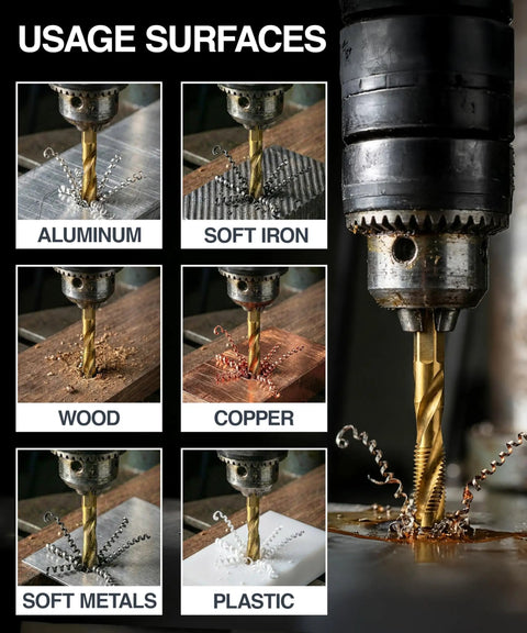 13 Piece HSS Titanium Coated Drill Tap Bit Set For Drilling Tapping And Countersinking SAE And Metric Pro Grade Do It All 3 In 1 Bits With One Quarter Inch Hex Shank And Quick Change Adapter Includes Storage Case For Metal And Wood shown on different surfaces including aluminum, soft iron, wood, copper, soft metals, and plastic.