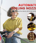 Person using an automatic fueling nozzle for gasoline, diesel, and kerosene delivery at a fuel pump.
