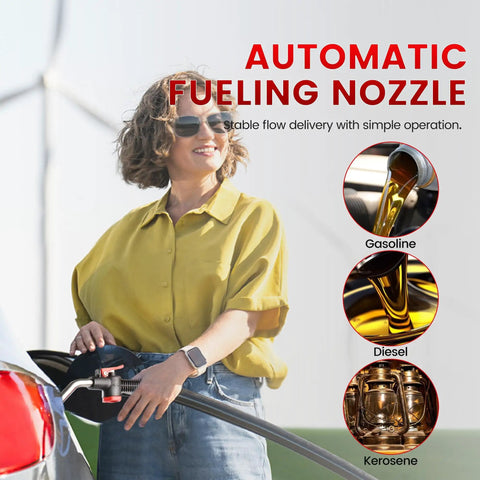 Woman using automatic fueling nozzle for gasoline, diesel, and kerosene at a fuel station.