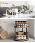 Before and after of Smooth Spin Two Tier Lazy Susan Spice Rack Organizer With Adjustable Height For Kitchen Counter And Cabinet Storage Rustic Brown Finish.