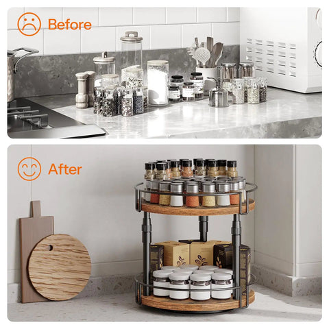 Before and after of Smooth Spin Two Tier Lazy Susan Spice Rack Organizer With Adjustable Height For Kitchen Counter And Cabinet Storage Rustic Brown Finish.
