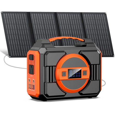 On The Go Portable Solar Generator 300W Power Station With 40W Panels Included, 220Wh Battery Pack, visible with solar panels setup