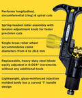 Portable Cable Slitter For Armored Fiber Cable And Central Tube Slitting On Both Sides Of Fiber And Copper Cables With Corrugated Or Smooth Jackets Ten Ounce Dope Tool For Electricians And Installers with yellow tension knob and brass roller.